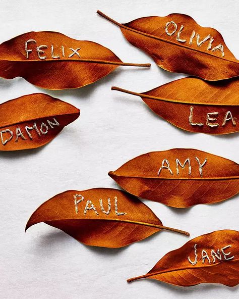 Embroidered-Leaves-277-CM-MASTER-6143888_vert Flower Place Cards, Place Settings Thanksgiving, Nature Paper, Thanksgiving Place Cards, Diy Leaves, Embroidered Leaves, Diy Thanksgiving, Leaf Crafts, Fall Outdoor Decor