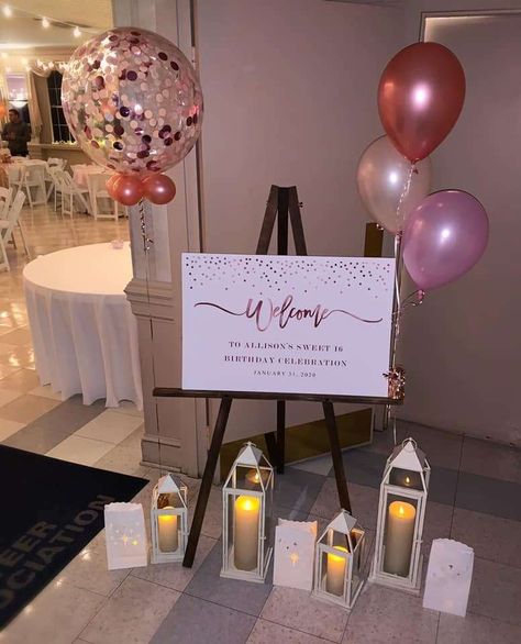 Oh How Sweet 16 | CatchMyParty.com 16 Birthday Centerpiece Ideas, Sweet 16 Gift Table, Sweet 16 Sign In Ideas, Sweet 16 Party Venue Ideas, Sweet 16 Birthday Decor, Sweet Sixteen Rose Gold Theme, Sweet 16 Formal Party Ideas, Sweet 26 Party Ideas, Sweet 16 Entrance Ideas