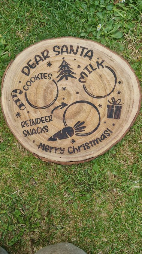 This is a lovely hand crafted Santa tray that has been designed and burnt onto a real wooden log by our very talented daughter Annie. Logs measure 25cm x 2 cm on average due to being real wood. This will be great as a Santa Christmas eve tray. Santa Tray Ideas, Santa Cookie Tray Wood, Santa Tray, Wooden Log, Santa Cookies, Cookie Tray, Decorative Trays, Etched Glass, Wooden Tray