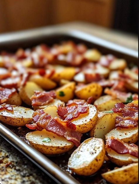 Crispy Potato and Bacon Sheet Pan Potatoes And Bacon In Oven, Sheet Pan Scored Potatoes, Sheet Pan Potatoes And Veggies, Sheet Pan Potatoes, Oven Roasted Baby Potatoes, Potatoes And Sweet Potatoes, Baby Potato Recipes, Crispy Roasted Potatoes, Caramelized Onions Recipe