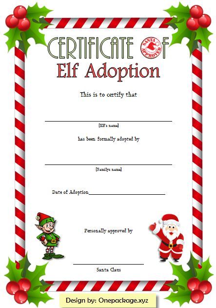 A FUNNY Elf Adoption Certificate Free Printable Template with 2021 Christmas Design by 2 Package. Pet Adoption Certificate, Package Template, Free Gift Certificate Template, Elf Names, Swap Gifts, Adoption Certificate, Printable Certificates, Gift Certificate Template, Certificate Design