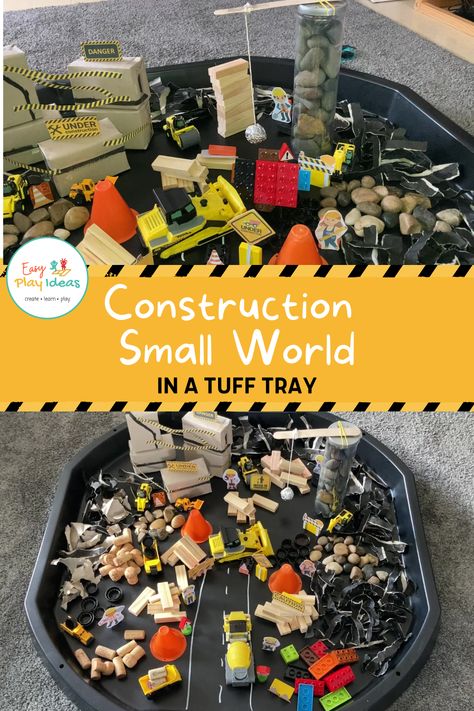 Get inspired to create playtime fun with our simple DIY construction-themed small world in a tuff tray.  Using everyday items you already have at home, we crafted this fantastic playtime experience. Watch along and see how easy it is to make your own construction small world. Builders Tray Ideas Eyfs, Community Tuff Tray Ideas, Construction Tuff Tray Eyfs, Homes Eyfs, Small World Tuff Tray, Construction And Small World Area Eyfs, Construction Tuff Tray, Construction Small World Play, Easy Tuff Tray Ideas