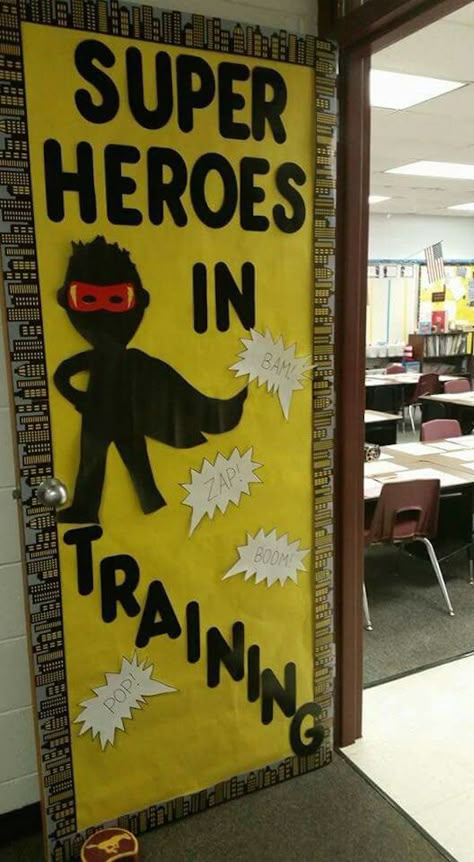 Superhero Classroom Theme Ideas From WeAreTeachers  Want to tweak this to say : Learning is my superpower!  So cute!! Superhero In Training Door, Super Hero Headquarters, Superhero Classroom Door, Hero Headquarters, Superhero School Theme, Superhero Door, Hero Classroom Theme, Summer Door Decorations, Superhero Vbs