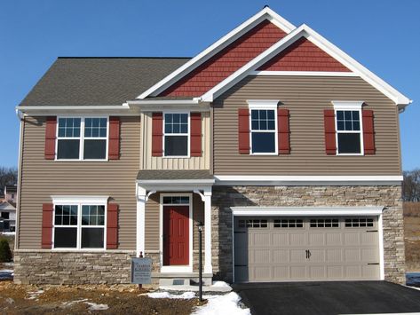 Rugged Canyon double 4" siding, Wicker board & batten, Russet Red cedar shakes, Burgundy Red shutters, White trim, Ohio drystack stone Tan And Burgundy House Exterior, Aesthetic Exterior House, Exterior Cabin Colors, Exterior Cabin, Blue Exterior House Colors, Red House Exterior, Cabin Colors, Vinyl Siding House, Siding Colors For Houses