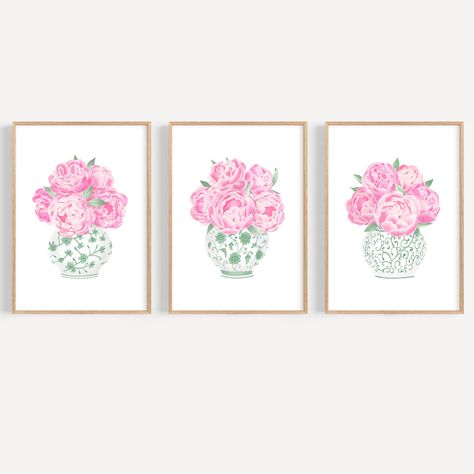 Bring a touch of nature to your home with these beautiful sage green chinoiserie print set of 3. These unique blush pink peonies prints come from my original watercolor peony paintings. Painted with attention to detail these beautiful green ginger jar prints are perfect for adding a light pop of color and a calming beauty to any room. They are easy to blend with any decor. This pretty chinoiserie wall art is perfect for those who love Hamptons style art, southern wall decor, coastal decor, orien Door Room Wall Decor, Easy Pink Watercolor Paintings, Large Picture Over Bed, Pink And Green Wall Art, Peony Paintings, Art For House, Southern Wall Decor, Chinoiserie Wall Art, Chinoiserie Prints