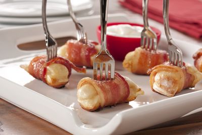 Bacon Pierogi Bites | MrFood.com Bacon Pierogi, Appetizers With Bacon, Bacon Bites, Pierogi Recipe, Snack Dip, Finger Food Appetizers, Bacon Recipes, Party Foods, Bacon Wrapped