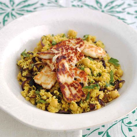 Honeyed Halloumi with Golden Couscous - Dairy Diary Boiled Fruit Cake, Couscous Recipe, Banana Buttermilk, Rays Of Sunshine, Couscous Recipes, Pecan Cake, Pecan Nuts, Cous Cous, Grilled Pineapple