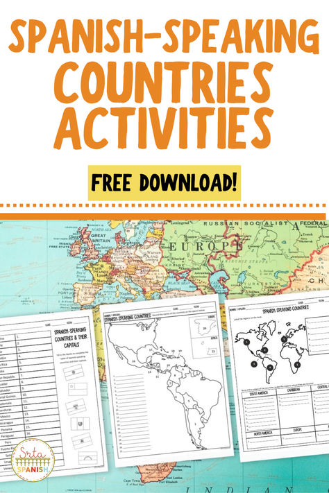 Grab this free downloadable map of Spanish-speaking countries complete with labeling activities! Print and go options in Spanish and English for your culture classes and novice classes. Label the countries that speak Spanish in Spanish, and practice pairing the capitals! Click to download and see more! Spanish Speaking Countries Activities, Spanish Speaking Countries Map, Labeling Activities, Middle School Spanish, Spanish Lesson Plans, Speak Spanish, Spanish Speaking, High School Spanish, Spanish And English