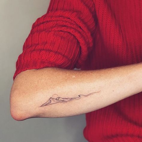 Mountain And Sea Tattoo, Sea Tattoo Ideas, Moutain Tattoos, 27 Tattoo, Mountain And Sea, Mountain Tattoo Simple, Simple Arm Tattoos, Sea Tattoo, Hiking Tattoo