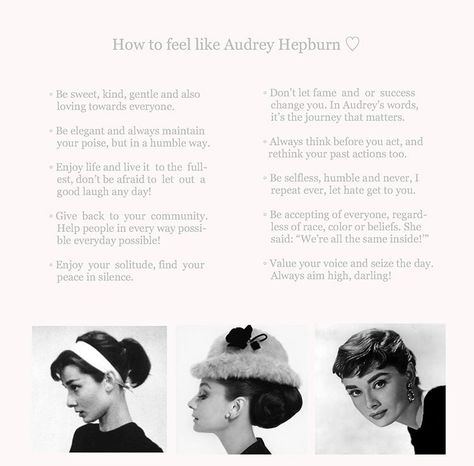 Audrey Hepburn Shopping List, How To Be Like Audrey Hepburn, Aubrey Hepburn, Audrey Hepburn Style, Act Like A Lady, Classy Aesthetic, Self Care Activities, Classy And Fabulous, Audrey Hepburn