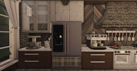 Bloxburg Rustic Kitchen, Bloxburg Kitchen Hacks, Realistic Bloxburg Kitchen, Bloxburg Realistic Kitchen, Bloxburg Kitchen Ideas Modern, Old Style Kitchen, Cottage Core Bloxburg House, Bloxburg Rooms, Bloxburg Kitchen Ideas