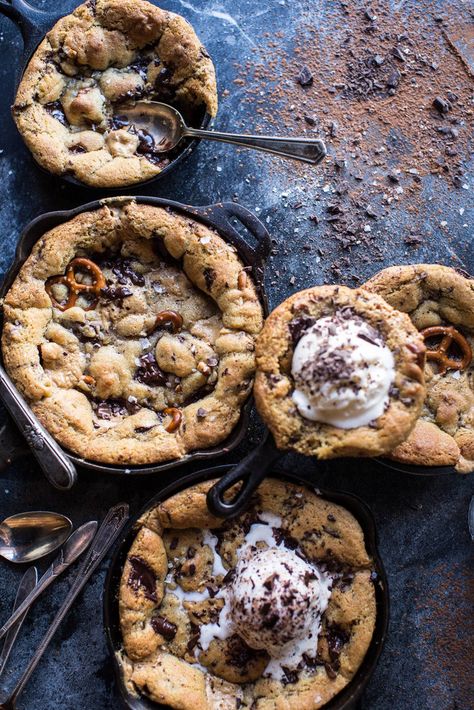 19 cast iron skillet recipes perfect for a campfire Chocolate Chip Skillet Cookie, Skillet Desserts, Half Baked Harvest Recipes, Skillet Chocolate Chip Cookie, Chocolate Ideas, Iron Skillet Recipes, Peanut Butter Pretzel, Skillet Cookie, Cast Iron Skillet Recipes