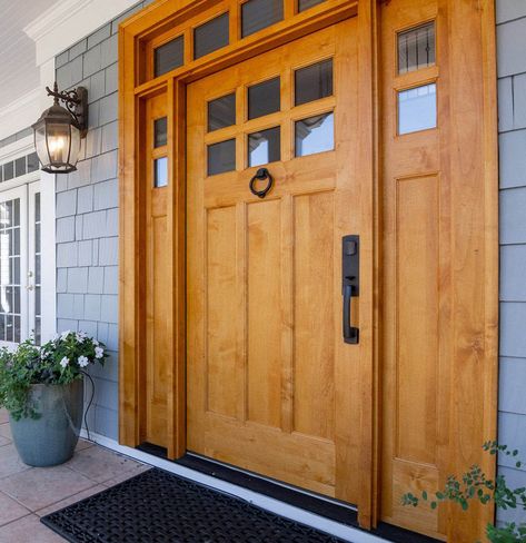 Stained wood front door with sidelights and transom, gray blue cedar shake siding, tile floor. Double Front Entry Doors With Sidelights, Stained Front Doors, Cedar Front Door, Wooden Door Paint, Stained Front Door, Exterior Doors With Sidelights, Cedar Shake Siding, Door With Sidelights, Double Front Entry Doors