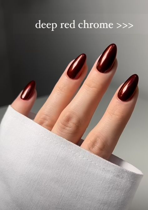 Auburn Chrome Nails, Nails Winter 2025 Trends, Red Brown Chrome Nails, Cinnamon Glaze Nails, November Nails Chrome, Dark Red Crome Nails, Chrome Wine Nails, Dark Cherry Chrome Nails, Thanksgiving Nails Chrome