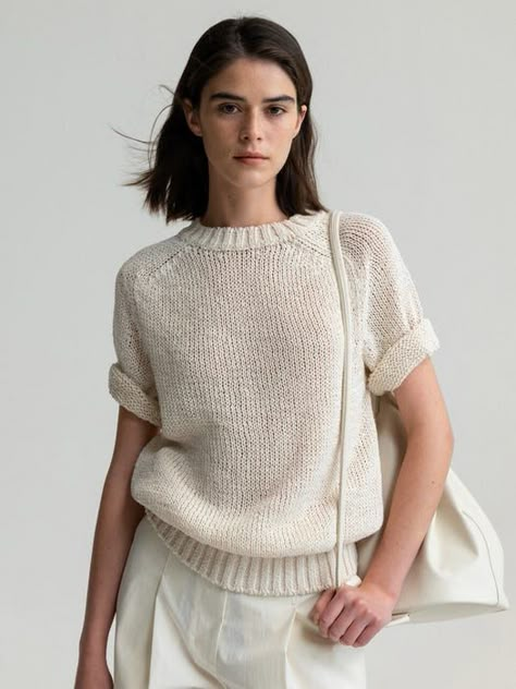 Bamboo Short Sleeve Sweater (White Sand) | W Concept Knitted Top Outfit, Knitted T Shirt, Cotton Knitting, T Shirt 2023, Crochet Hat Free, Akris Punto, Crochet Hats Free Pattern, Shirt 2023, Linen Sweater