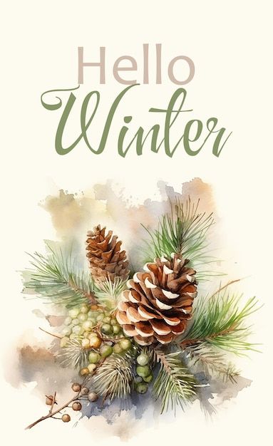 Hello winter watercolor greeting card with pine branches cones and berries Christmas Greeting Cards Handmade, Winter Greetings, Hello September, Winter Watercolor, Pine Branches, Watercolor Christmas Cards, Watercolor Greeting Cards, Christmas Graphics, Hello Winter