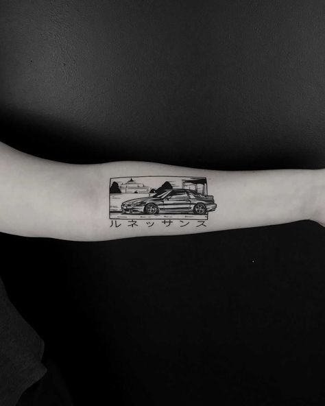 JZA70 Supra tattoo by Krzysztof Szeszko inked on the left forearm Supra Tattoo, Car Related Tattoos For Men, Tattoo Chart, Pirate Ship Tattoos, Minimalist Tattoo Ideas, Bicycle Tattoo, P Tattoo, Biomechanical Tattoo, Half Sleeve Tattoos For Guys