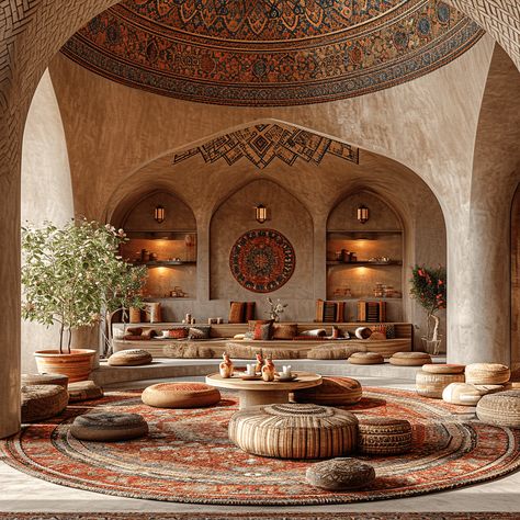 Embracing the beautiful art of traditional Iranian architecture and combining it with modern architecture, with this domed adobe hut inspired by cloud-clay structures, in the heart of the Mian Dasht plain of Razavi Khorasan province, Iran in Baktash tourist complex. #amazingarchitecture #Visualization Iran Interior Design, Islamic Architecture House, Bohemian Architecture, Modern Islamic Interior, Cloud Clay, Arab Architecture, Iran Architecture, Castle House Design, Concrete Effect Paint