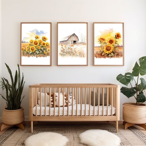 Farm Nursery Prints Barnyard Nursery Sunflower Prints Sunflower Nursery Wall Art DIGITAL Sunflower Decor Rustic Nursery Prints Sunflower Art Sunflower And Cow Nursery, Sunflower Baby Room Nurseries, Sunflower Nursery Theme, Barnyard Nursery, Sunflower Nursery, Western Nursery, Farmhouse Nursery, Farm Nursery, Rustic Nursery