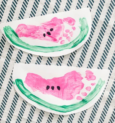 Toddler Fruit Crafts, Watermelon Footprint Art, Pink Footprints, Watermelon Painting, Fruit Crafts, Footprint Craft, Watermelon Art, Pink Fruit, Picnic Theme