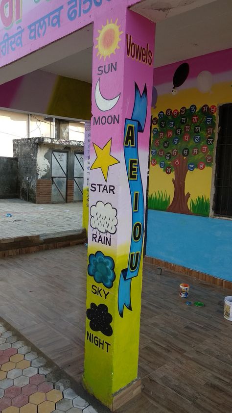 School Pillars Decoration Ideas, School Entrance Decor Ideas, Pillar Painting Ideas, School Wall Art Ideas Classroom, Primary School Wall Painting Ideas, School Wall Art Ideas, Pillar Decorations, School Wall Decoration, 3d Art Painting