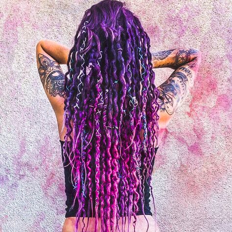 Purple dreadlocks. Permanent extensions. Dreadlock Hair Extensions, Girl Dread Hairstyles, Mermaid Dreadlocks, Synthetic Dreads Styles, Braid In Dreads Extensions, Lavender Dreads, Rainbow Dreadlocks, Colored Dreadlocks, Purple Synthetic Dreads