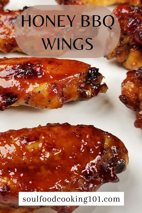 This easy recipe for oven baked Honey BBQ Wings yield crispy, sticky and tasty wings. I hope you give this recipe a try. For the printable recipe visit:  https://soulfoodcooking101.com/best-baked-honey-bbq-wings/ Honey Baked Chicken Wings, Honey Bbq Chicken Wings In The Oven, Honey Wings Recipe Oven Baked, Honey Bbq Wing Sauce, Easy Bbq Wings In Oven, Honey Bbq Wings Baked, Sticky Wings Recipe Easy, Oven Wings Recipe, Best Chicken Wings Recipe Baked