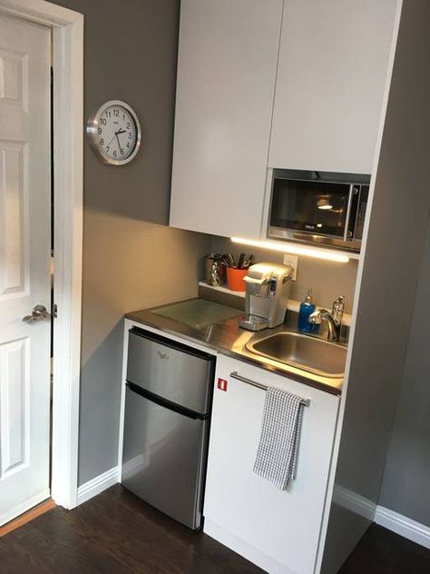 Small Space Refrigerator Tiny Kitchens, Micro Kitchenette, Small Refrigerator Ideas, Kitchenette Ideas Guest Suite Mini Kitchen, Mini Kitchen In Bedroom, Kitchenette Ideas Guest Suite, Mini Kitchen Ideas, Micro Kitchen, Small Kitchenette