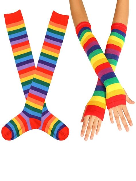 Rainbow Thigh High Socks Arm Gloves Set  BLACK PINK PURPLE RED VALENTINE RED YELLOW , #Ad, #Socks, #Arm, #Gloves, #Rainbow, #Thigh #Ad Striped Gloves, Womens Knee High Socks, Rainbow Socks, Striped Stockings, Knee High Stockings, Fingerless Gloves Knitted, Thigh High Socks, Girls Stripes, Thigh High Stockings