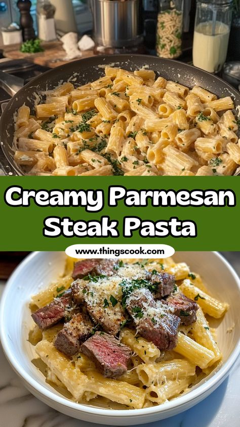 Steak Italian Recipes, Creamy Garlic Steak Pasta, Pasta And Steak Recipes, Garlic Sauce For Steak, Creamy Steak Pasta, Pasta With Steak, Garlic Parmesan Steak, Steak Pasta Recipes, Parmesan Steak