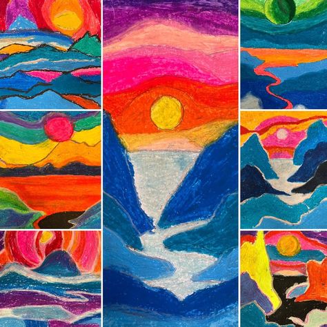 School • Instagram Oil Pastels Landscape, Bright Color Combinations, Third Grade Art Project, Ted Harrison, Landscape Art Lessons, Art Camp Projects, Kindergarten Art Lessons, 2nd Grade Art, Art Lessons Middle School