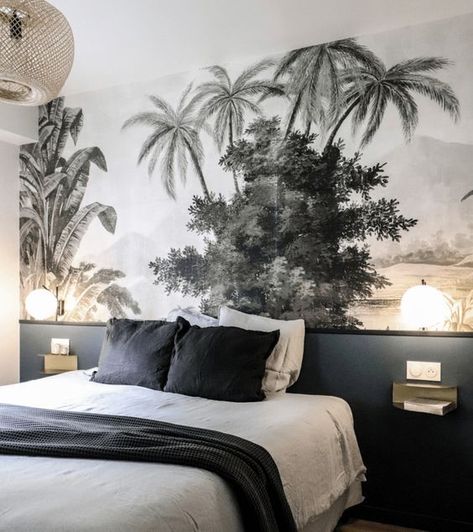 Wallpaper Headboard, Floating Headboard, Brownstone Homes, Painted Headboard, Target Inspired Home Decor, Jungle Mural, Wallpaper Door, Headboard Ideas, Bedroom Upgrade