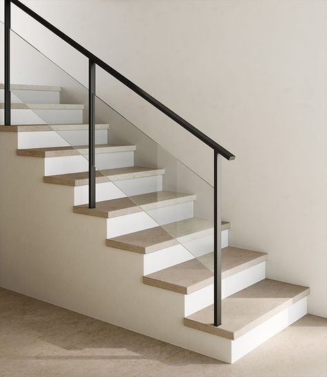 Stairs Tiles Design, Tiled Staircase, Glass Handrail, Stair Railing Design, Stone Interior, Tile Stairs, Stone Stairs, Stairs Design Modern, Stair Handrail