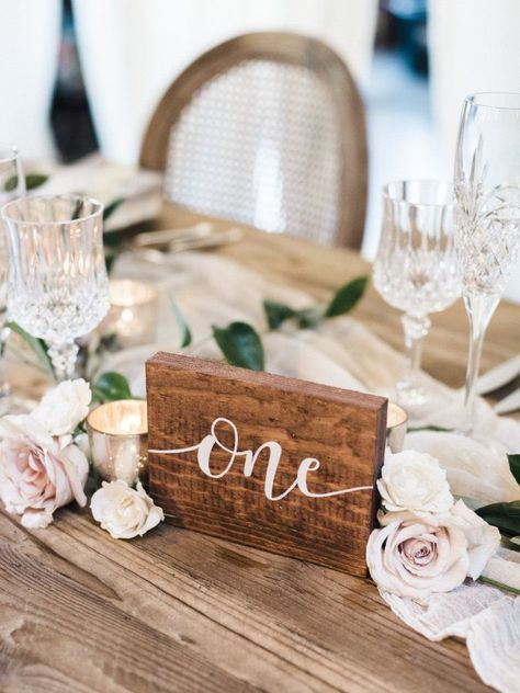 Wooden hand-calligraphed table number: http://www.stylemepretty.com/2017/03/10/blending-organic-and-elegant-in-the-most-beautiful-of-ways/ Photography: Krista A. Jones - http://kristaajones.com/ Affordable Wedding Centerpieces, Wooden Table Numbers, Industrial Wedding Venues, Wedding Table Designs, Amazing Weddings, Wedding Table Centerpieces, Affordable Wedding, Wedding Table Numbers, Wooden Table