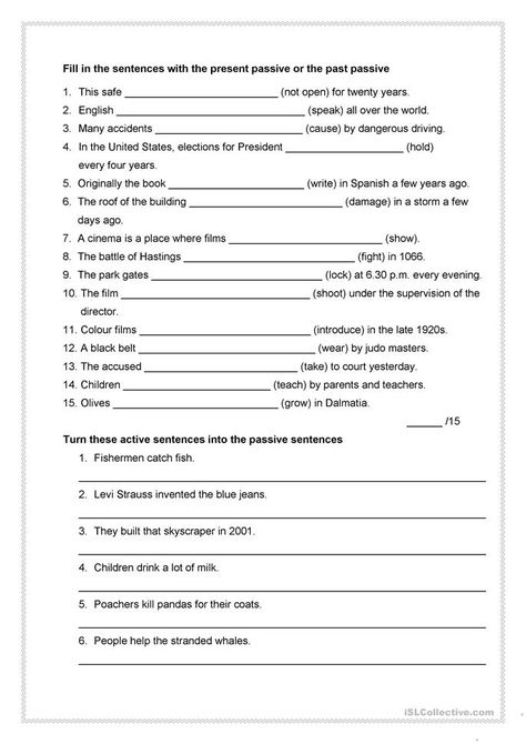 present and past passive - English ESL Worksheets for distance learning and physical classrooms Past Passive Worksheet, Passive Grammar, Passive Worksheet, Passive Voice, Active Voice, Dangerous Driving, Grammar Worksheets, Teaching Jobs, Esl Worksheets