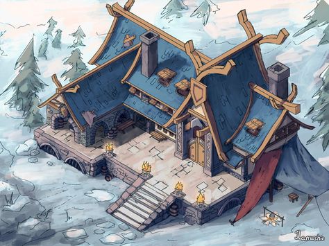 Nordic Village Concept Art, Viking Castle Art, Valheim Great Hall, Valheim Crafting Area, Viking House Design, Viking Building Concept Art, Viking House Concept Art, Stable Concept Art, Valheim Building Ideas