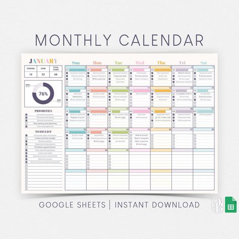 Monthly Calendar - Unlimited Years - Sunday & Monday Start -  Tracker - To Do List - Google Sheets Template - Spreadsheet - Instant Download freeprintableplanner #gratitudeplanner Excel Sheet Aesthetic, Spreadsheet Design Layout, Google Spreadsheet Aesthetic, Google Sheets Aesthetic, Excel Aesthetic, Google Sheets Calendar, Google Sheets Planner, Google Sheets Templates, Spreadsheet Design