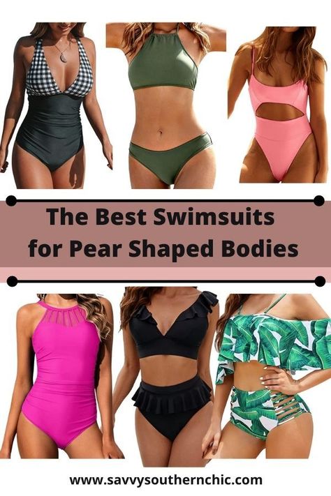 Much like with regular clothes, the trick to choosing flattering swimsuits for a pear-shaped body is to balance out the upper and lower halves. Read on for the best swimsuits for pear shaped bodies. Pear Body Shape Swimwear, Pear Body Shape Swimsuit, Pear Shaped Swimwear, Bikinis For Pear Shape, Bathing Suit For Body Type Pear, Swimsuit For Pear Shape, Pearshape Outfit, Pear Shaped Outfits Summer, Best Swimsuit For Body Type