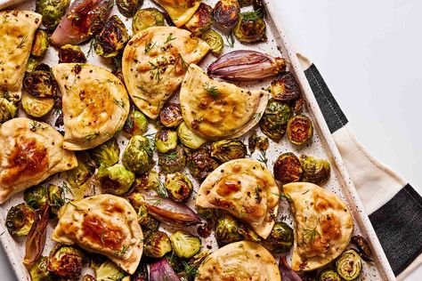 Sheet Pan Pierogies With Roasted Brussels Sprouts, Shallots, And Mustard Dressing Recipe Sheet Pan Pierogies, Frozen Pierogies, Fall Dinner Ideas, Pumpkin Sauce, Roasted Brussel, Pan Dinners, Mustard Dressing, Pan Meals, Pan Recipes