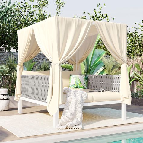 PRICES MAY VARY. Woven Rope 🏠【Patio Sunbed with Curtains】This stylish rattan rectangle sunbed has side and overhead curtains to provide both shade and privacy.It is suitable for 2-6 people to lie or sit.Create a new vision for your balcony, garden, backyard or poolside. 🏠【Premium Rubber Core Rope Weaving】Crafted with high-quality rubber core rope weaving, this sun lounger offers durability and resilience for outdoor use. The premium materials used in its construction ensure stability and longevity. 🏠【Water-resistant】The cushions are water resistant but still can't in rain of long time. However, it is recommended to store the lounger indoors during heavy rain or when not in use for extended periods to maintain its longevity and appearance. 🏠【U_Style Outdoor Patio Sunbed】Designed with ch Curtains Patio, Double Daybed, Daybed Couch, Rope Weaving, Retractable Canopy, Pool Cabana, Outdoor Room, Garden Backyard, Heavy Rain