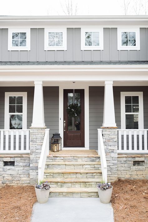 SW Gauntlet grey with snowbound trim Grey Home Exterior, Front Porch Stone, Craftsman Porch, Porch Stairs, Gray House, Building A Porch, Plans Architecture, Porch Steps, Exterior Wall Design