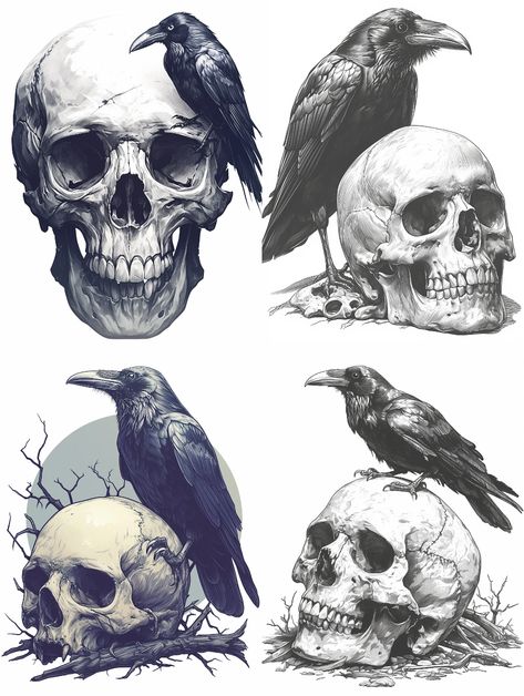 Midjourney prompt: A skull and a crow in the background, - PromptHero Dark Skull, Crow Skull Tattoo, Crow Skull Reference, Skull And Raven Drawing, Crow With Skull Tattoo, Crow And Skull, Crow Standing On Skull Tattoo, Crow On Skull, Crow On Skull Drawing