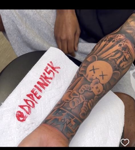 Kaws Tattoo Design, Bet On Me Tattoo, Kaws Tattoo Sleeve, Forearm Tattoo Men Sleeve, Tattoo Men Sleeve, Kaws Tattoo, Atlanta Tattoo, Tattoo Homme, Egyptian Tattoo Sleeve