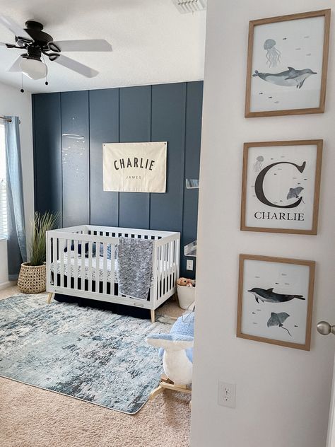 Blue Nursery Black Crib, Delta Crib, Navy Blue Nursery Boy, Baby Cam, Blue Nursery Boy, Nursery Accent Wall, Boy Nursery Themes, Baby Nursery Inspiration, Baby Boy Bedroom