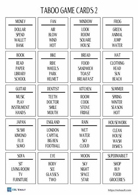 Esl Games For The Classroom, Taboo Cards Printable, English Games Teaching, Activity For English, Printable Card Games, English Conversation Worksheets, Esl Speaking Activities, English Vocabulary Games, Conversation Games