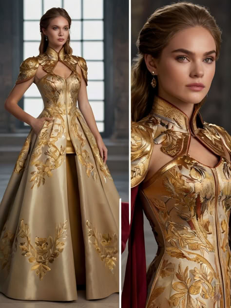 White And Gold Gown Goddesses, Golden Gown Western, Gold Armor Aesthetic, Gold Gown Aesthetic, Gold Fantasy Dress, Ballgown Aesthetic, Fantasy Ballgown, Magnificent Century Dress, Westeros Fashion