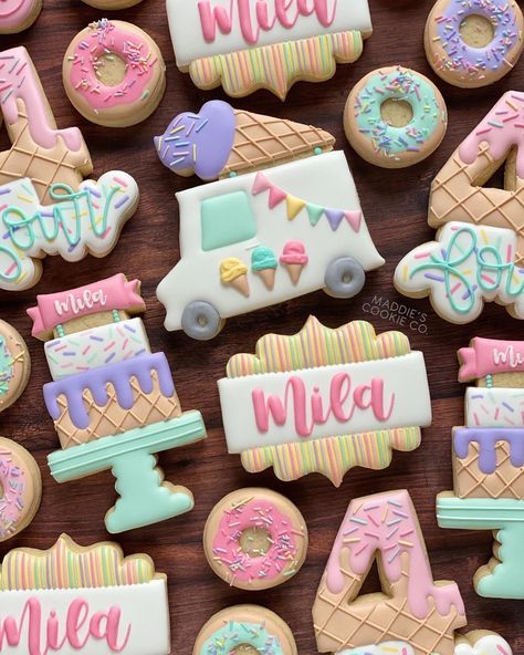 Four Ever Sweet Cookies, Ice Cream Sugar Cookies Decorated, Ice Cream Birthday Cookies, Ice Cream Party Cookies, Ice Cream Theme Cookies, Ice Cream Cookies Decorated, Two Sweet Cookies, Sweet One Cookies, Ice Cream Truck Design