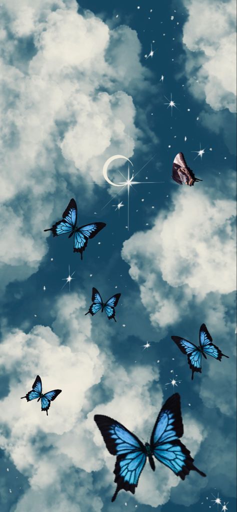 Moon, stars, blue butterflies, clouds, wallpaper Sky Blue Butterfly Wallpaper, Blue Buterfluffy Wallpaper, Blue Butterfly Background Aesthetic, Moon And Butterfly Wallpaper, Blue Buterfluffy, Wallper Background, Blue Butterfly Wallpaper Aesthetic, Blue Sky With Moon, Blue Butterfly Background