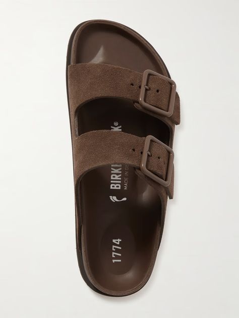 BIRKENSTOCK 1774 Arizona suede sandals | NET-A-PORTER Copper Outfit, Birkenstock 1774, Dad Sandals, Luxury Tote Bags, Heart Shoes, Stylish Sandals, Cool Outfits For Men, Walk This Way, Aesthetic Shoes