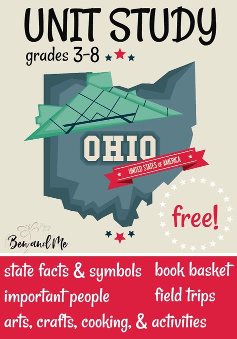 FREE Ohio Unit Study for grades 3-8 -- learn about the "Buckeye State" with books, arts and crafts, recipes, and more! #unitstudies #homeschool #homeschooling #geography via @marcy_crabtree Unit Studies Homeschool, 4th Grade Social Studies, Ohio History, Book Baskets, Homeschool Inspiration, Unit Studies, Homeschool History, Unit Study, Study Unit